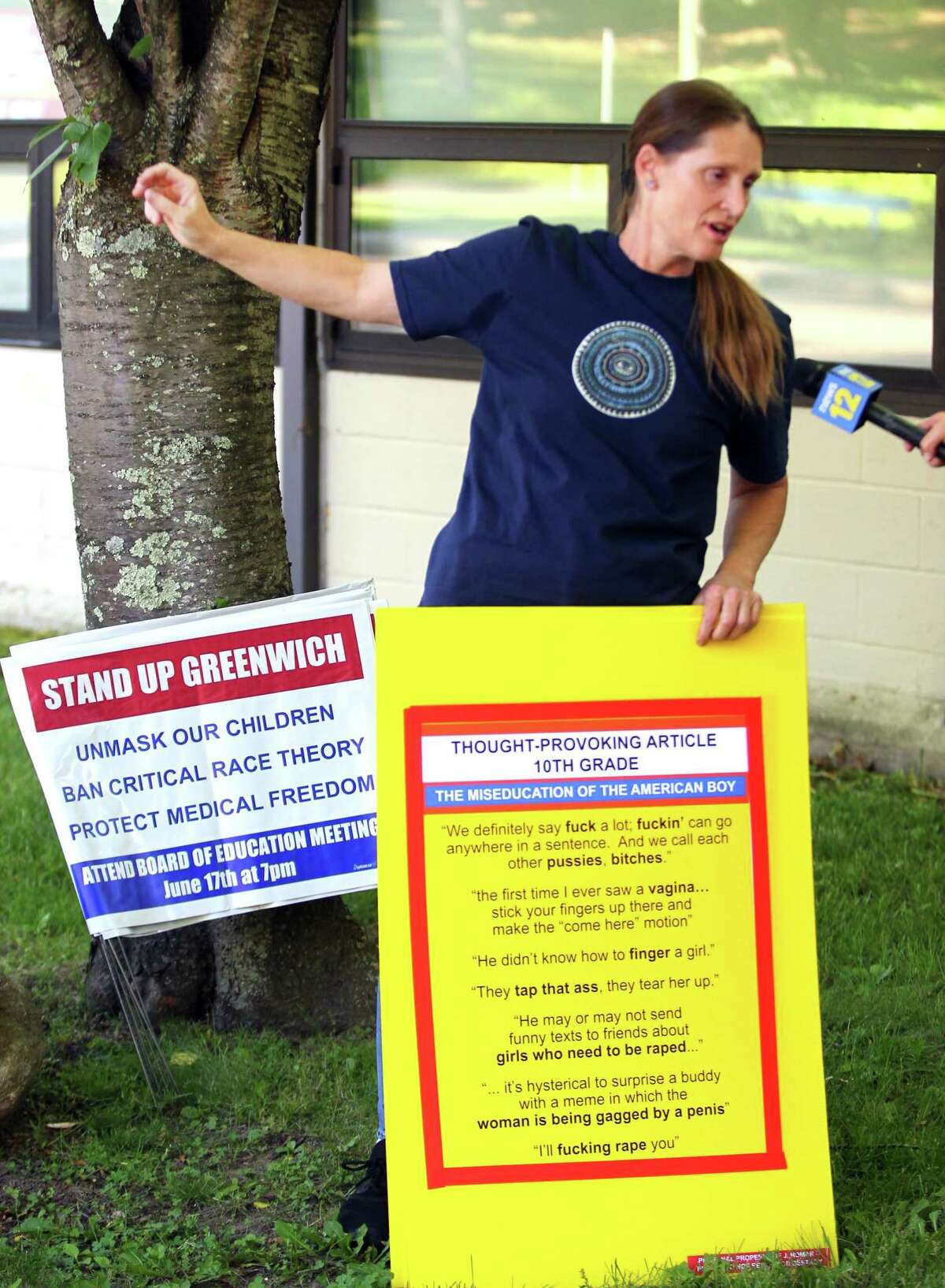 Jackie Homan, organizer of Greenwich Patriots speaks to the media before attending a BOE meeting at Central Middle School in Greenwich, Conn., on Thursday June 17, 2021. Members are urging people to attend and speak at public comment to protest masking, vaccinations for students and critical race theory.
