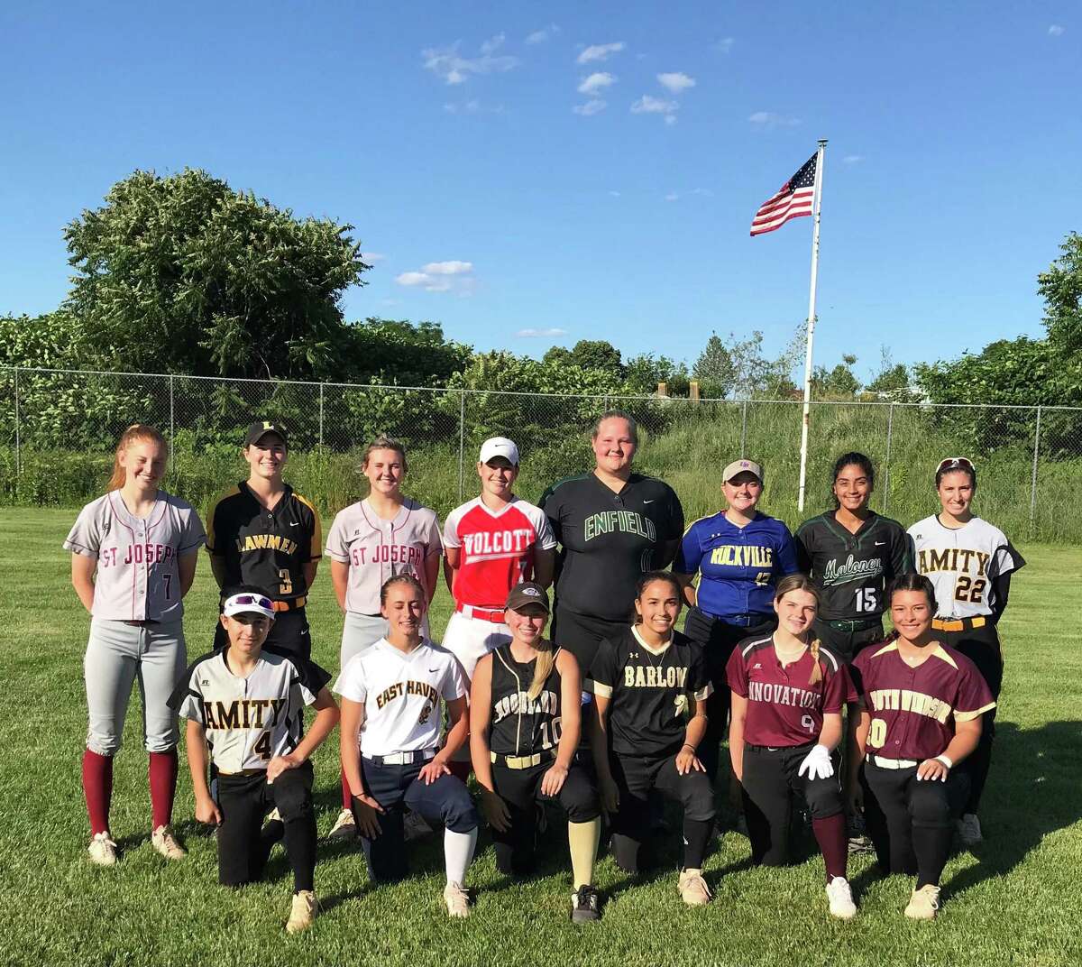The CT High School All-Star softball team met the Stratford Brakettes for the 21st time onThursday. Team members (front row) are Juliette Zito, Amity; Sammie Franceschi, East Haven; May Dowes, Woodland; Abby Ota Barlow, Kaylee Dobransky, Academy of Sciences/Innovation and Kenadie Gonzalez, South Windsor; (second row) Brittany Mairano, St. Joseph; Maddie Lula, Jonathan Law; Maddy Fitzgerald, St. Joseph; Katie Cosmos, Wolcott; Makenzie Cray, Enfield; Alexandra Silver, Rockville; Milycza Perez, Maloney and Kelly Pritchard, Amity.