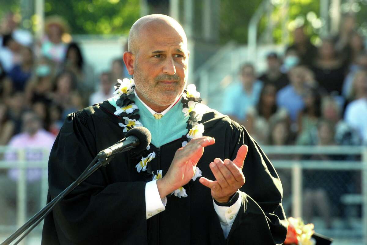 Principal Marc Guarino speaks during graduation for the Trumbull High School Class of 2021, in Trumbull, Conn. June 17, 2021.