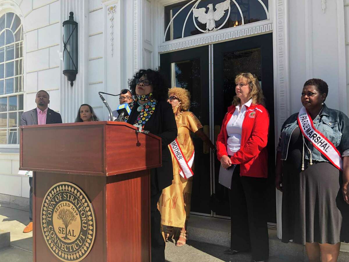 Juneteenth of Fairfield County President Deborah Caviness speaks during a Juneteenth celebration at Stratford Town Hall June 18, 2021.