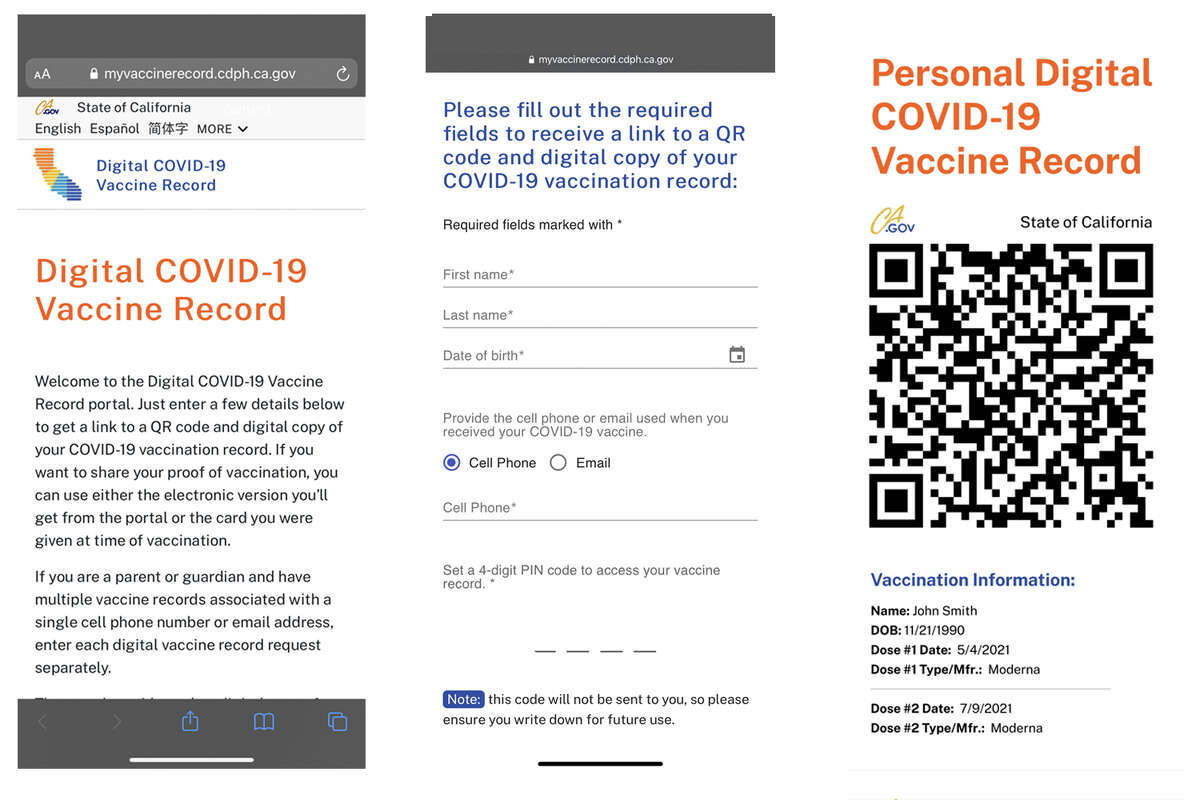 Screenshots from California's vaccine digital verification system, and a sample image of what the vaccine record will look like. 