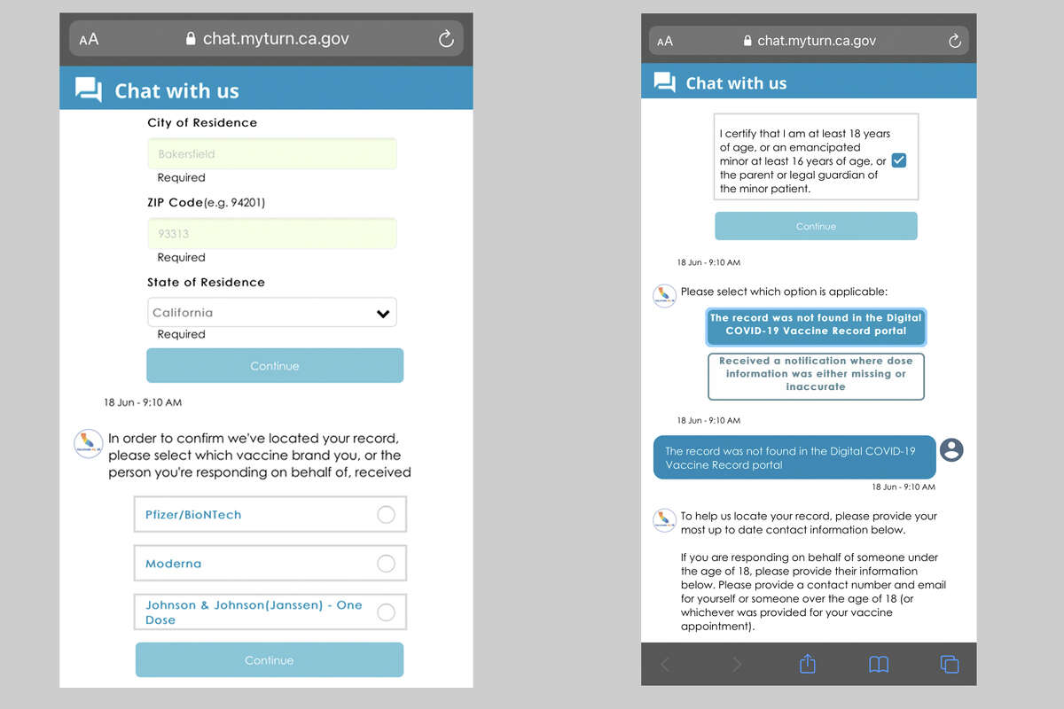 My chat box with the 'virtual assistant' in California's vaccine verification system.