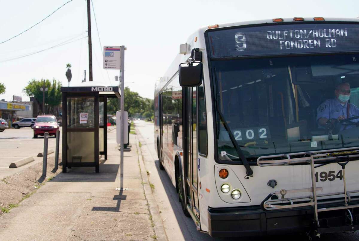 A Metropolitan Transit Authority bus pulls up to a stop along Gulfton on June 17, 2021 in Houston. A new circulator is intended to increase frequency of transit in the neighborhood.