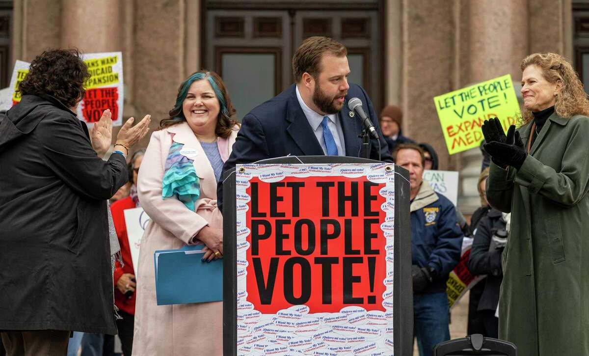State Rep. Celia Israel, D-Austin, state Rep. Michelle Beckly, D-Carrollton, State Rep. John Bucy III, D-Austin, state Rep. Donna Howard, D-Austin, speak during a rally to expand Medicaid at the Capitol, Monday, March 4, 2019.