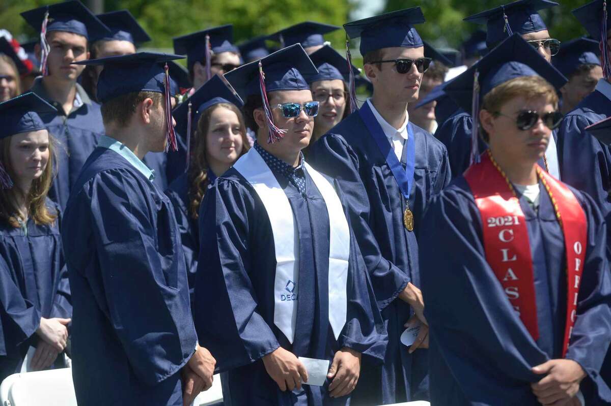 Dillon Thomas King, center, during the New Fairfield High School Class of 2021 Commencement Exercises. Friday morning, June 18, 2021, in New Fairfield, Conn.