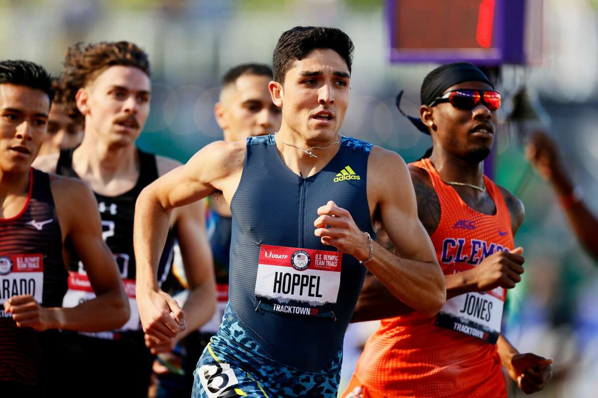 EUGENE, OREGON - JUNE 18: Bryce Hoppel runs in the first round of the Men's 800 Meters during day one of the 2020 U.S. Olympic Track & Field Team Trials at Hayward Field on June 18, 2021 in Eugene, Oregon. (Photo by Steph Chambers/Getty Images)