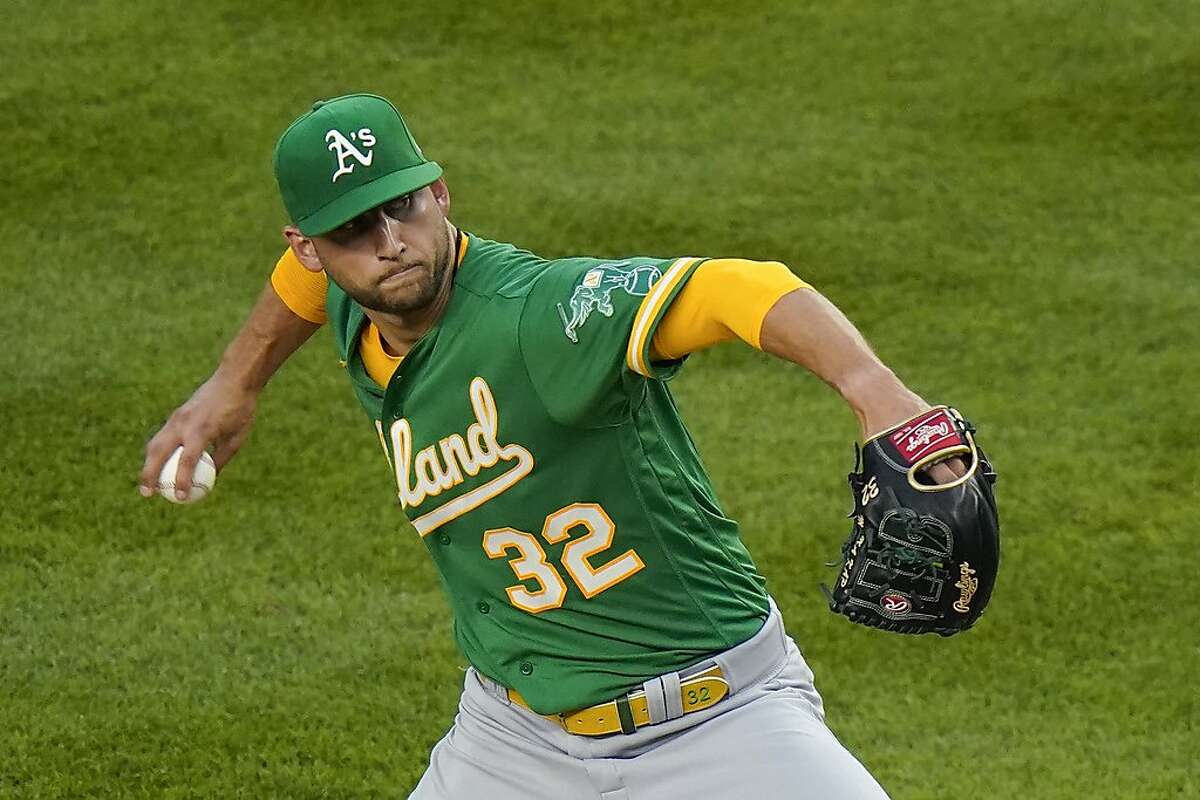 Oakland Athletics' James Kaprielian winds up during the third inning of the team's baseball game against the New York Yankees on Friday, June 18, 2021, in New York. (AP Photo/Frank Franklin II)