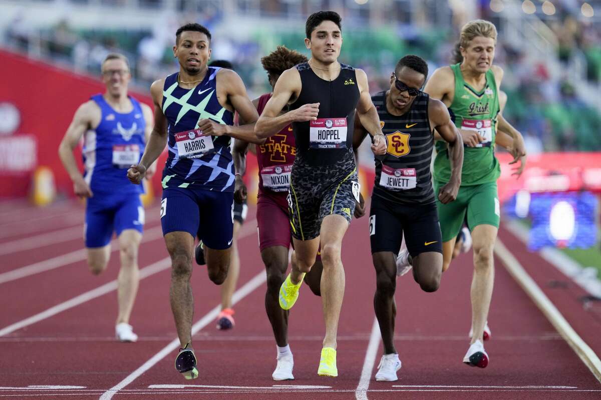 Bryce Hoppel wins the second heat in the semifinals of the men's 800-meter run at the U.S. Olympic Track and Field Trials Saturday, June 19, 2021, in Eugene, Ore.(AP Photo/Ashley Landis)