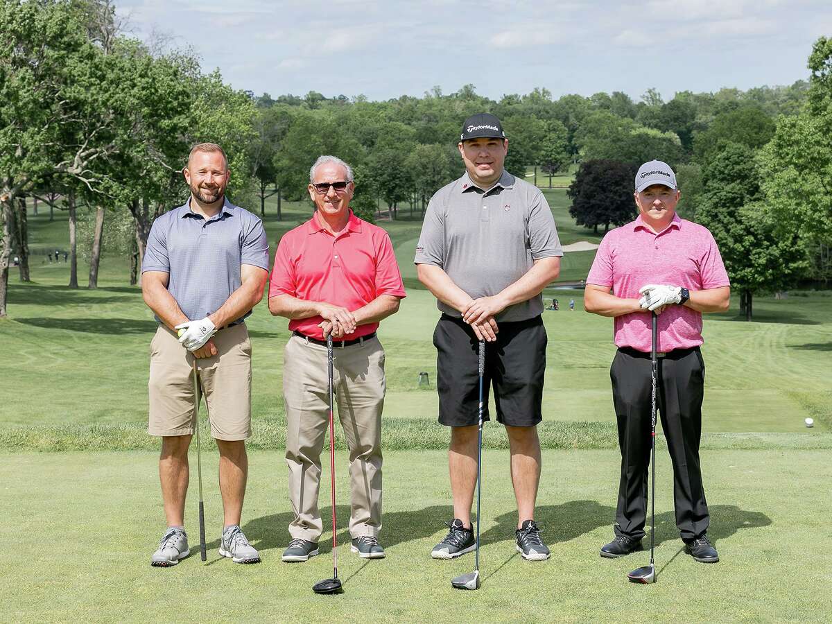Set to tee off are Dustin Tilford of New Milford (far right) and (from left) Toby Giangrande of Shelton, Eric D'Eramo of Stratford and Rob Janczewski of Trumbull.