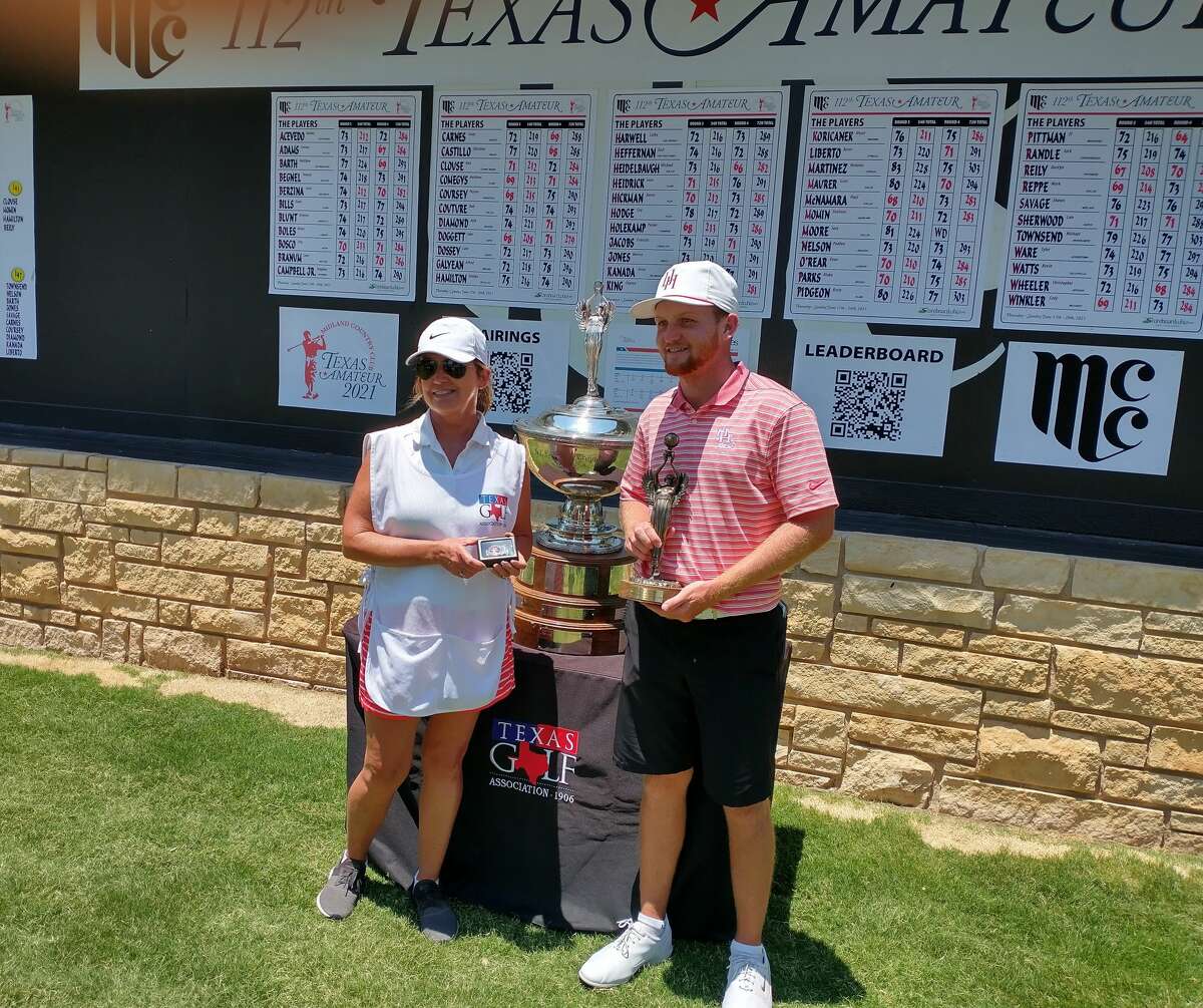 University of Houston junior Ausytn Reily poses with his mother, Melissa, and the trophy after winning the 112th Texas Amateur at Midland Country Club on Sunday.