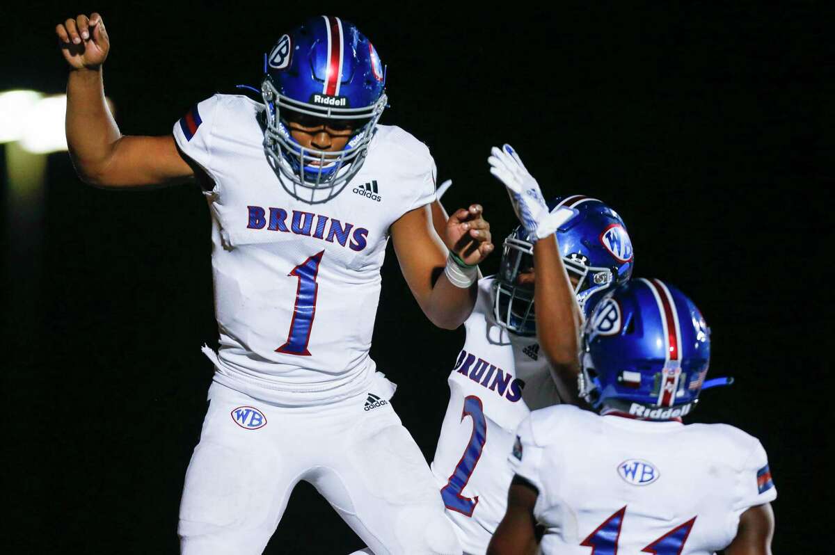 West Brook quarterback Bryce Anderson (1) celelrbaets after scoring a rushing touchdown against Tomball Memorial during the second half of the game at Tomball ISD Stadium Friday, Oct. 2, 2020, in Tomball, Texas.