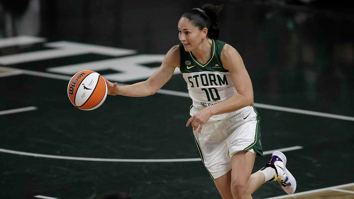 Seattle Storm guard Sue Bird brings the ball down court against the Atlanta Dream during the first half of their WNBA basketball game Friday, June 11, 2021, in College Park, Ga. (AP Photo/Ben Margot)
