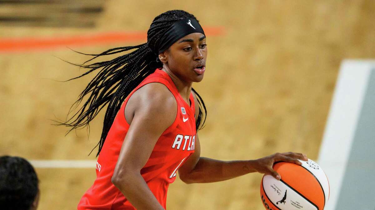 Atlanta Dream guard Tiffany Hayes (15) in action during a WNBA basketball game against the Dallas Wings, Thursday, May 27, 2021, in College Park, Ga. (AP Photo/Danny Karnik)