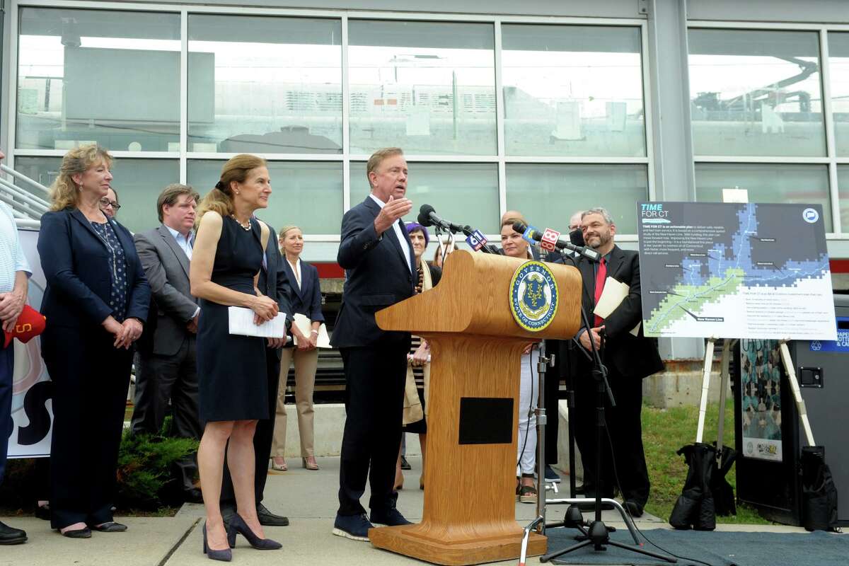 Governor Ned Lamont speaks during a news conference at the Stratford rail station, in Stratford on Monday. Lamont was joined by other federal, state and local leaders to announce “Time for CT”, an new plan to improve passenger and commuter rail service in Connecticut.