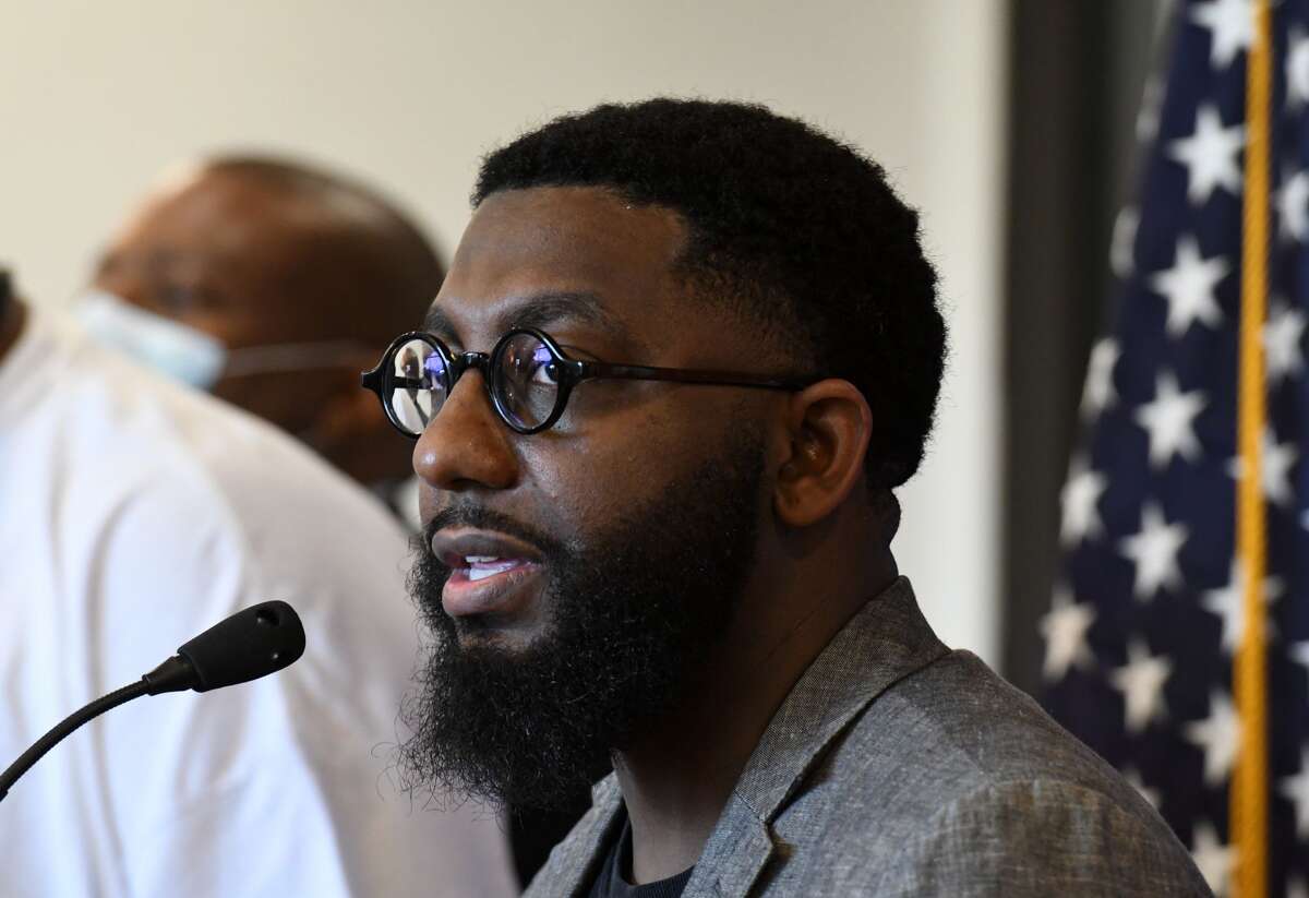 Albany Councilman Jahmel K. Robinson, 5th Ward, comments on the city's wave of shootings last year during a press conference at police headquarters in Albany. (Will Waldron/Times Union)