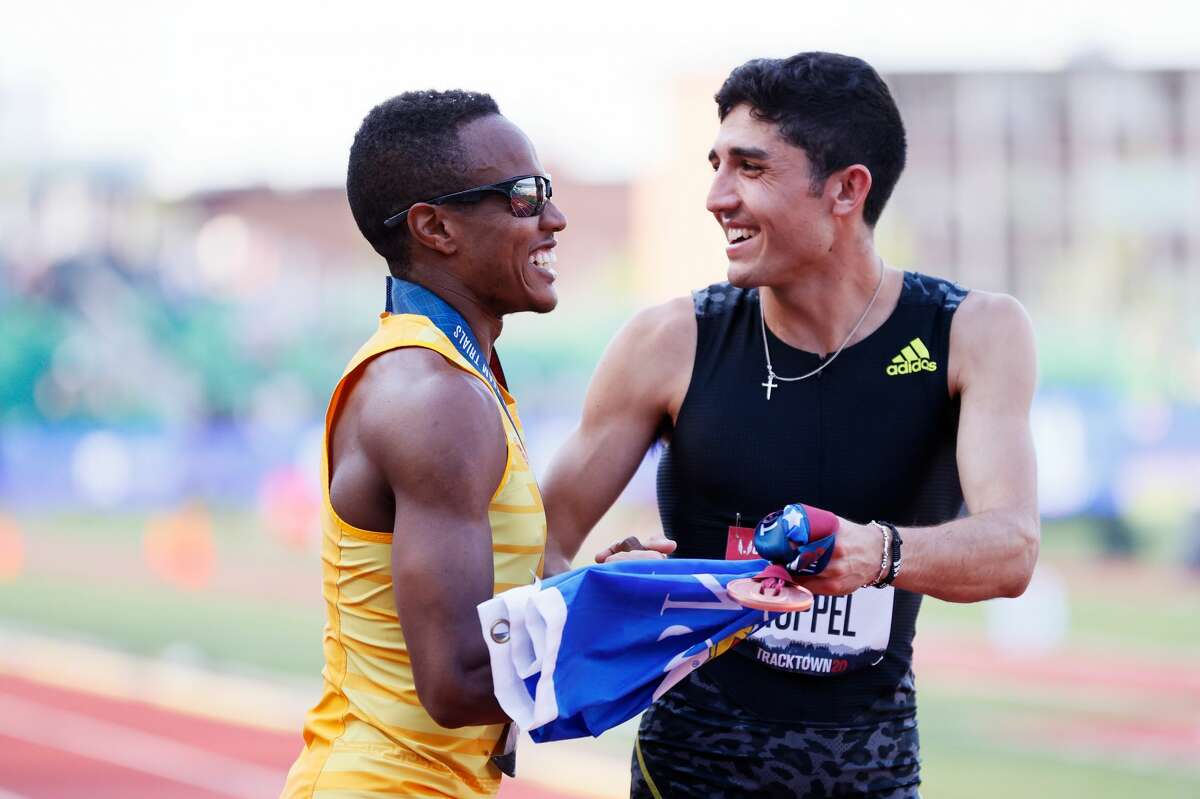  Isaiah Jewett and Bryce Hoppel celebrate after the Men's 800 Meters Final during day four of the 2020 U.S. Olympic Track & Field Team Trials at Hayward Field on June 21, 2021 in Eugene, Oregon. (Photo by Steph Chambers/Getty Images)