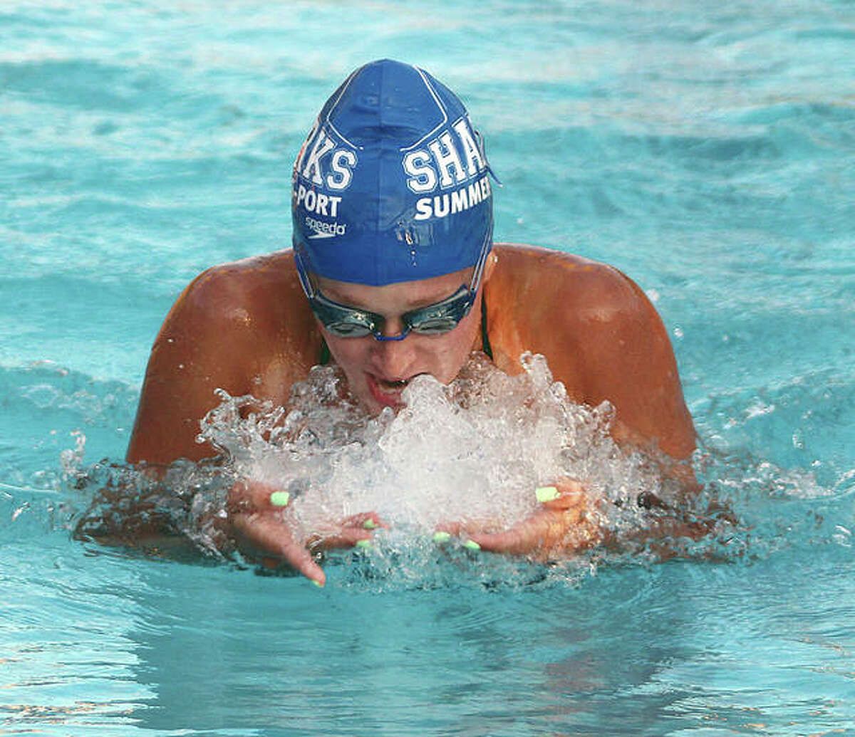 Summers Port’s Anna Moehn heads for the wall in the 15-18 girls breaststroke relay at the 2021 SWISA Relays.