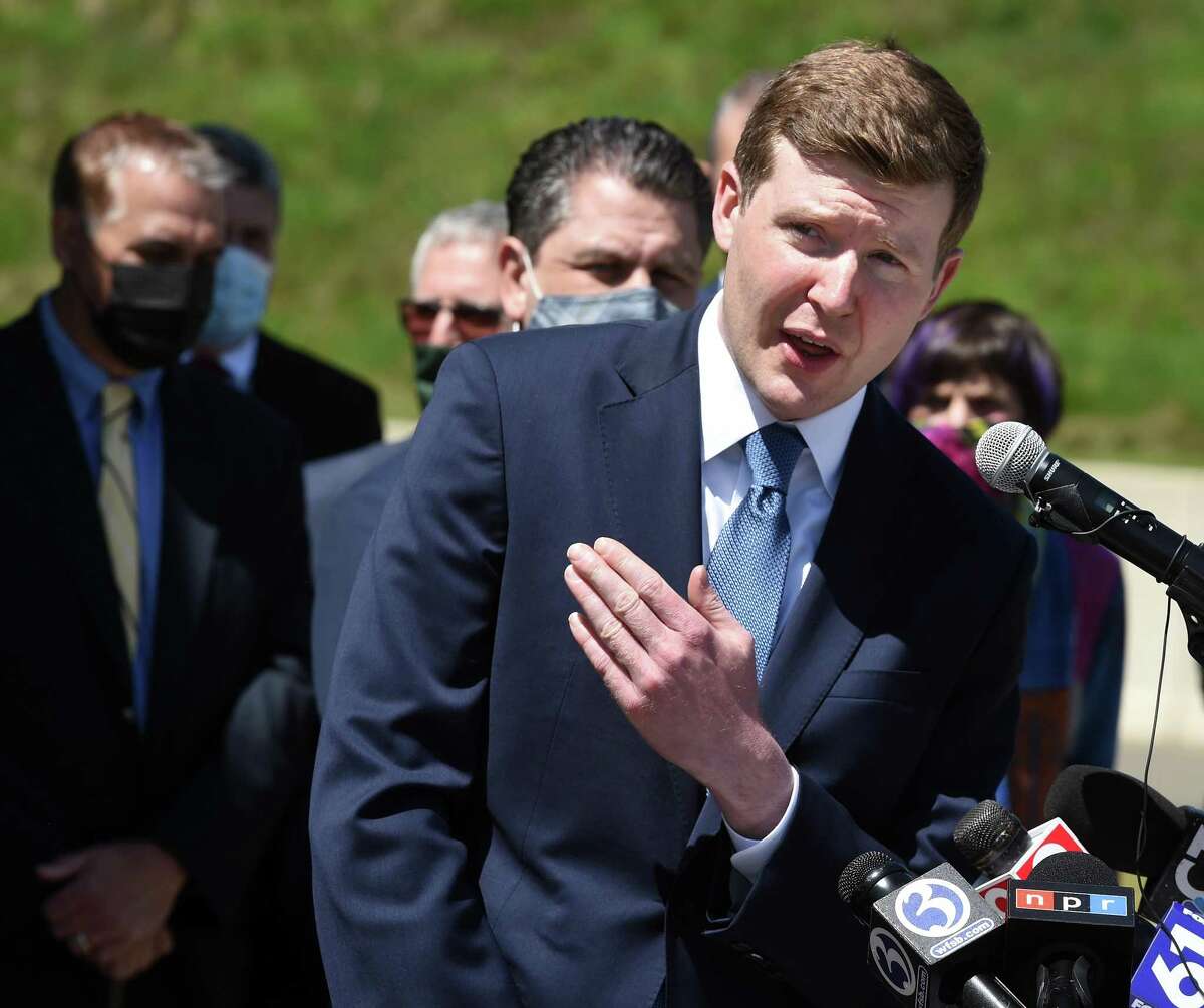 Sean Scanlon, executive director of the Tweed New Haven Airport Authority, answers questions at a press conference on a major expansion plans at Tweed New Haven Regional Airport on May 6, 2021.