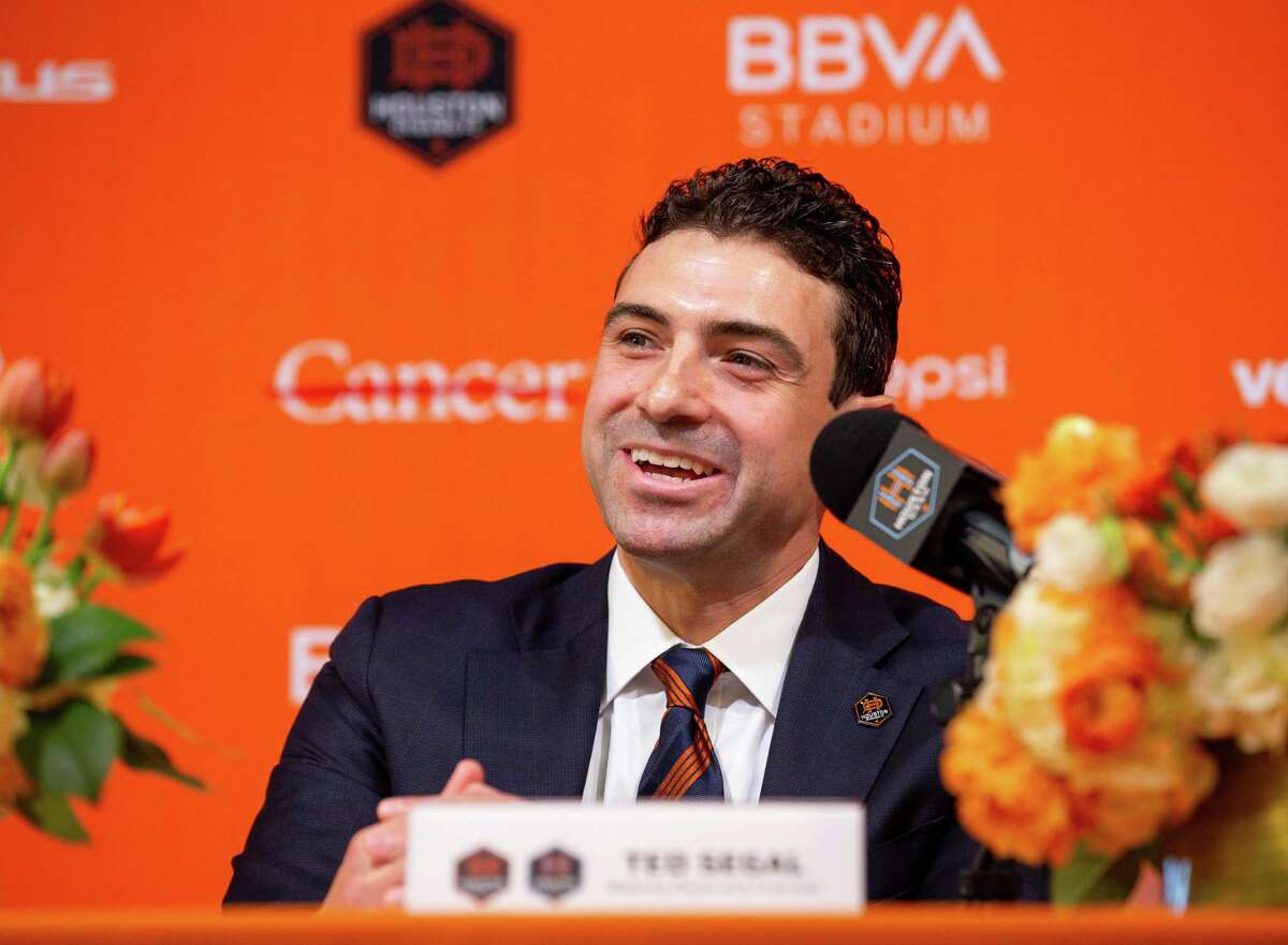 Ted Segal answers questions from reporters during a presser's conference in which he was announced as the new majority owner of the Houston Dynamo FC and Dash Houston, at BBVA Stadium on Tuesday, June 22, 2021, in Houston.