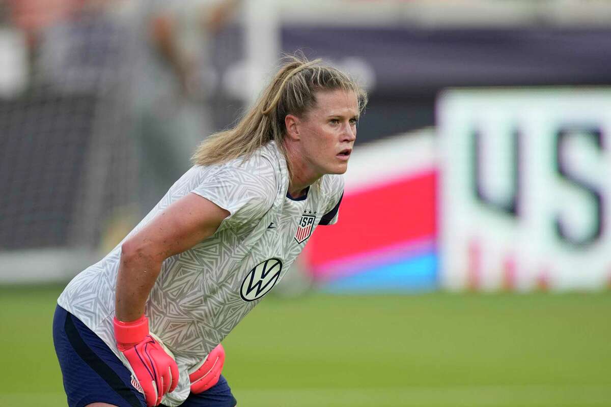United States goalkeeper Alyssa Naeher warms up before an international friendly soccer match against Portugal Thursday, June 10, 2021, in Houston. (AP Photo/David J. Phillip)