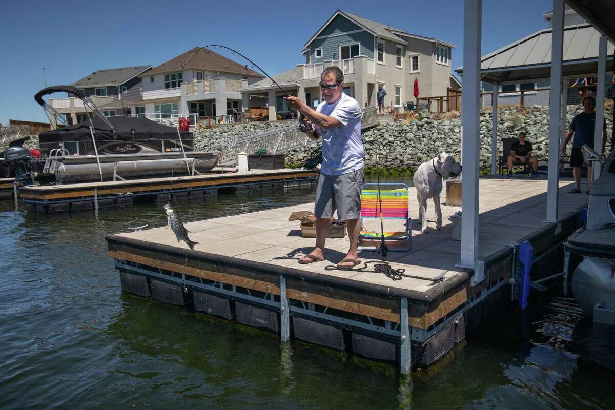Ralph Rodrigues catches a fish on a dock of a home at Delta Coves in Bethel Island.