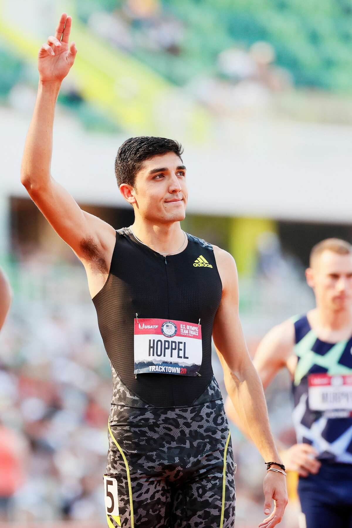 Bryce Hoppel celebrates after the Men's 800 Meters Final during day four of the 2020 U.S. Olympic Track & Field Team Trials at Hayward Field on June 21, 2021 in Eugene, Oregon. (Photo by Steph Chambers/Getty Images)