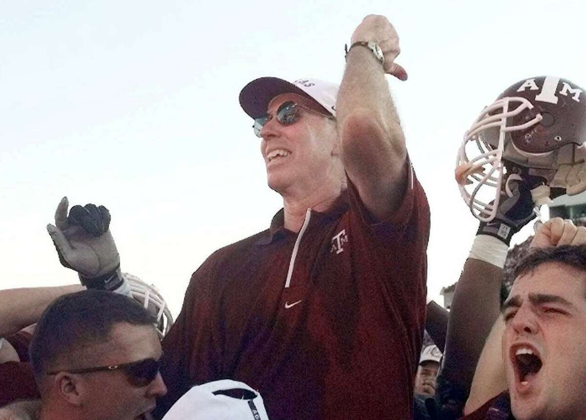 R.C. Slocum was Texas A&M’s coach when the Aggies, as a Big 12 member in 1998, last won a conference football championship. He is seen here after that season’s 28-21 victory over second-ranked Nebraska in College Station.