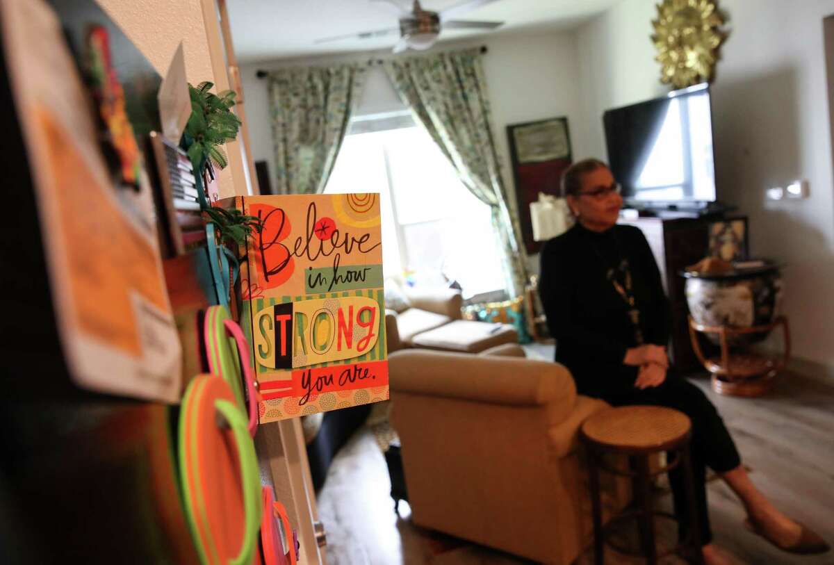 A card decorates the refrigerator in the apartment of Dina Montalbo, who performs as Dina Jacobs, on Tuesday, June 22, 2021, at the Law Harrington Senior Living Center in Houston. The center is a LGBTQ-affirming senior living center run by the Montrose Center.