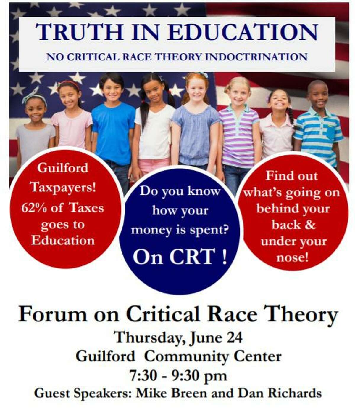 A poster for the forum on Thursday evening at the Guilford Community Center.