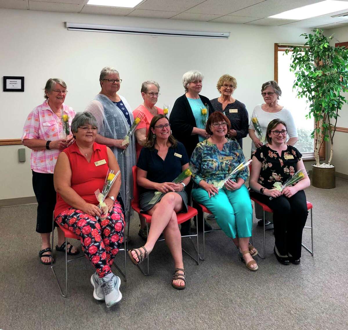 The new officers for Benzie Area Zonta for 2021-2023 include (front row, left to right) Cindy Ooley, 2nd vice president; Julie Bretzke, immediate past president; Rosemary Naulty, president; Tia Cooley, first vice president; (back row) Linda Nugent, board of directors; Donna Clarke, secretary; Lucy Wright, treasurer; Marianne Fleetwood; Dianna Heller, Vicki Sager, board of directors. (Courtesy Photo)