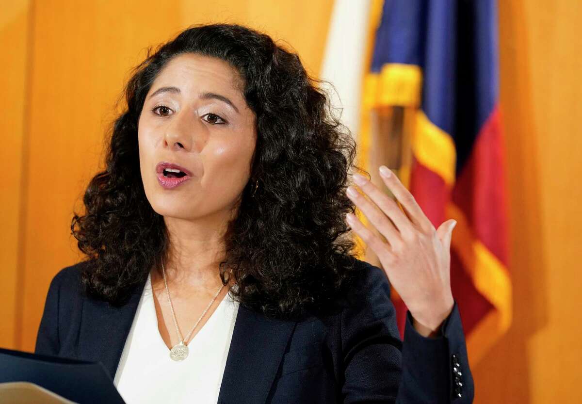 Harris County Judge Lina Hidalgo speaks during a press conference Wednesday, June 23, 2021 in Houston. She and Harris County Attorney Christian Menefee spoke about the federal pause of Interstate 45 projects.