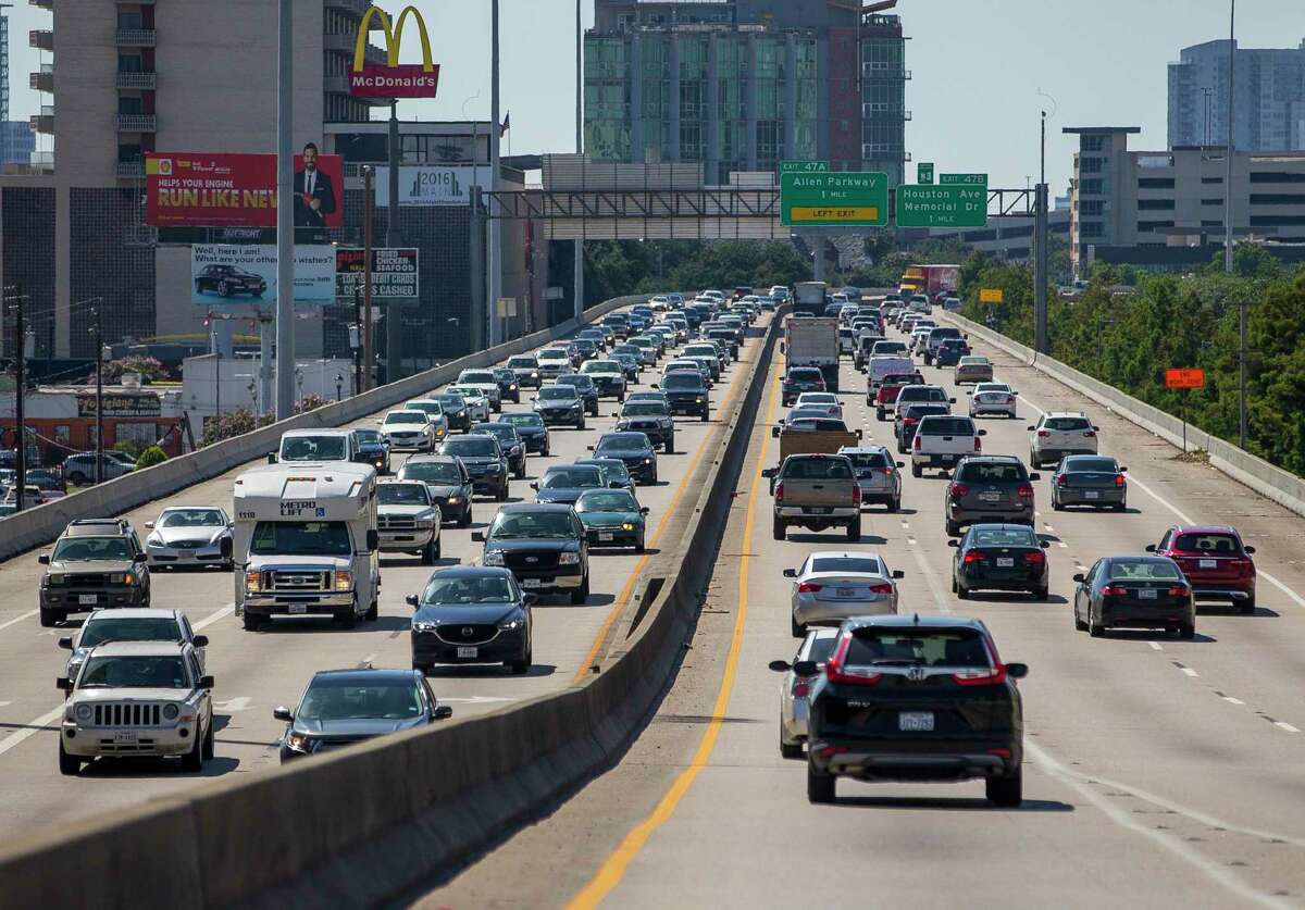 Cars travel across the Pierce Elevated south of downtown Houston in 2019. The area could significantly change if current plans for redevelopment of Interstate 45 proceed as planned.