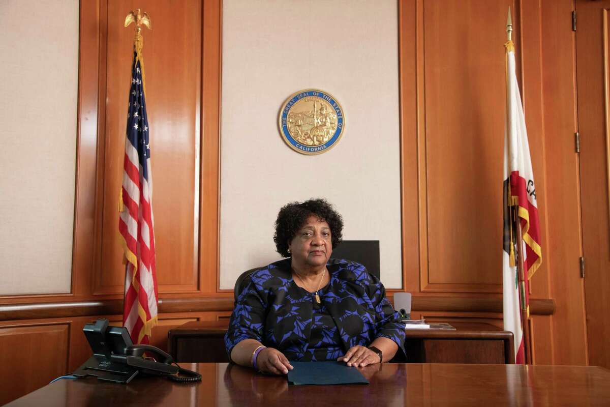 California’s Secretary of State Shirley Weber poses for a portrait in her office in Sacramento, Calif. on Tuesday, March 9, 2021.