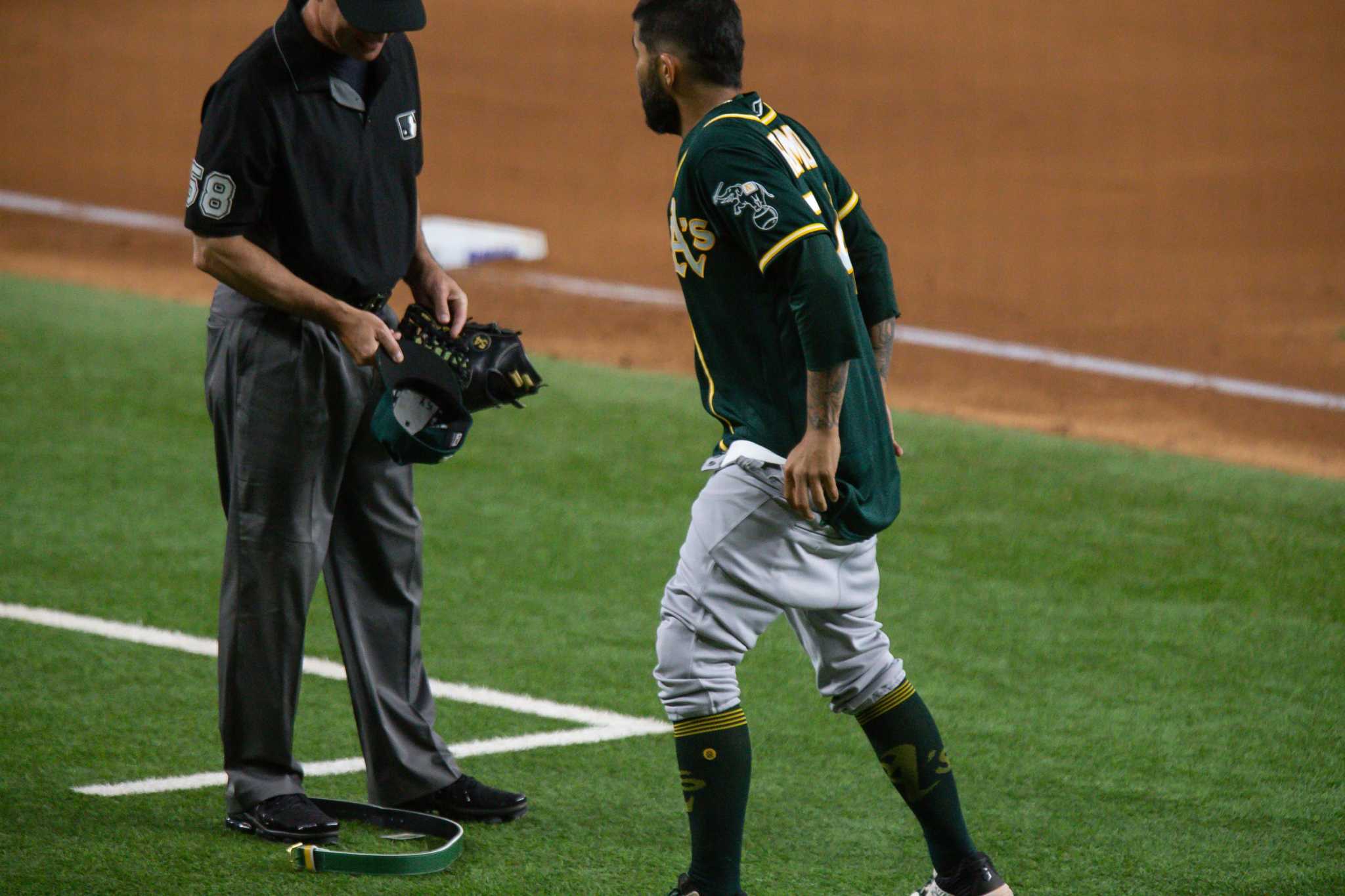 A's reliever Sergio Romo explains dropping pants during foreign substance  check