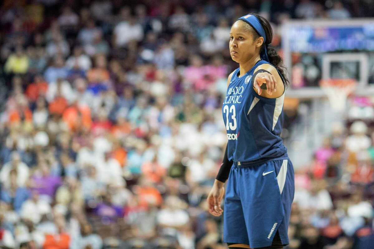 Maya Moore of the Minnesota Lynx during the Connecticut Sun Vs Minnesota Lynx, WNBA regular season game at Mohegan Sun Arena on August 17, 2018 in Uncasville, Connecticut. (Photo by