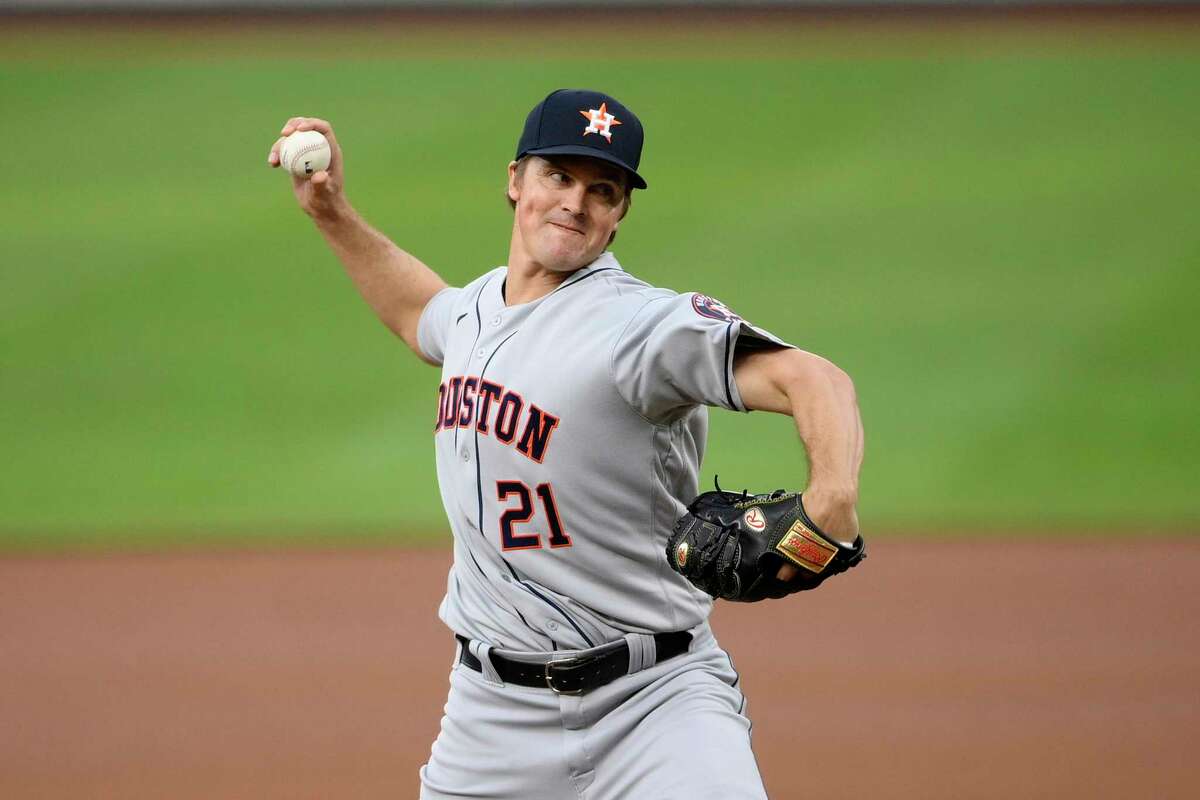 Houston Astros starting pitcher Zack Greinke delivers a pitch during a baseball game against the Baltimore Orioles, Tuesday, June 22, 2021, in Baltimore. (AP Photo/Nick Wass)