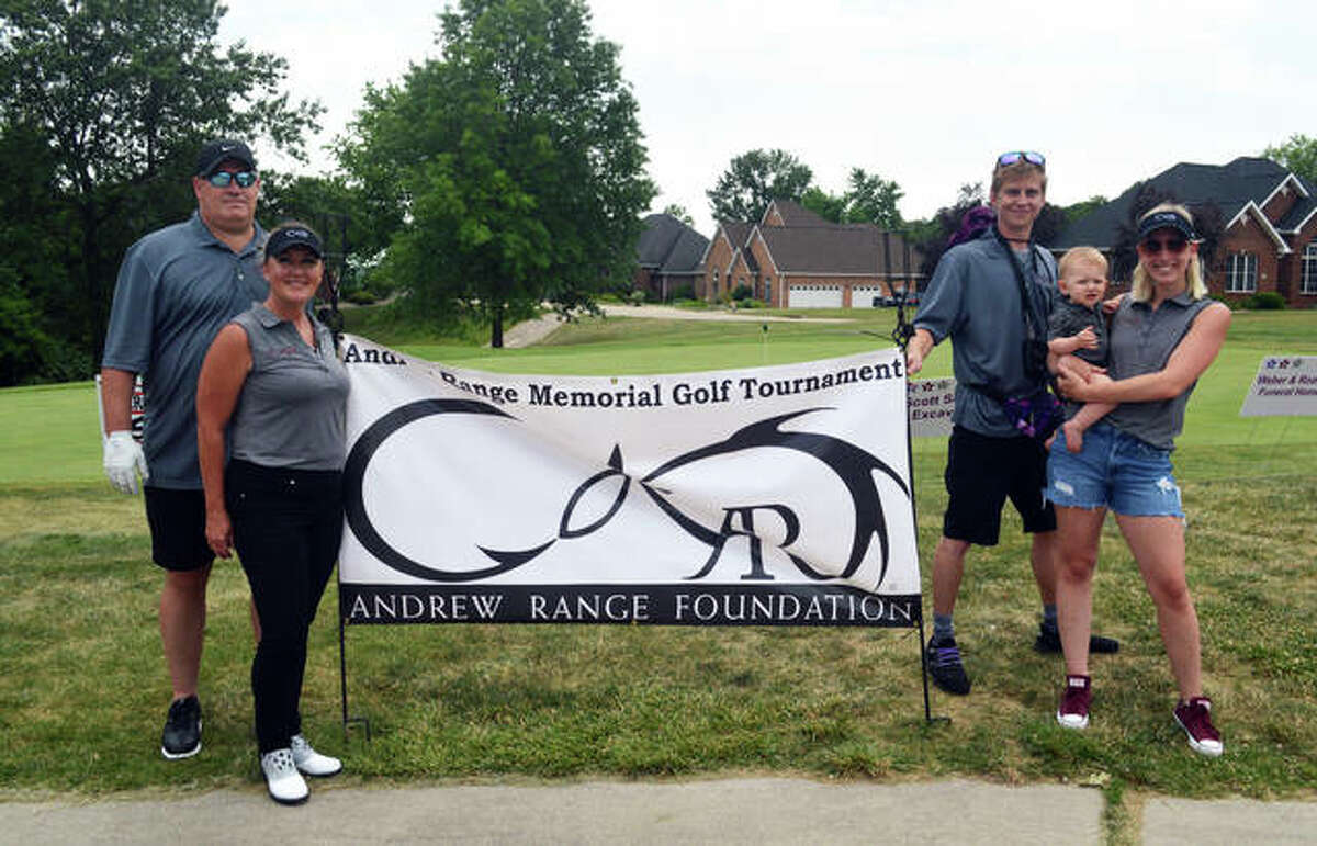 Family members gather before the third annual Andrew Range Memorial Golf Tournament Saturday at Fox Creek Golf Course, including, left to right, Bob Range, Traci Range, Corey Hays, Pierce Hays and Taylor Hays.
