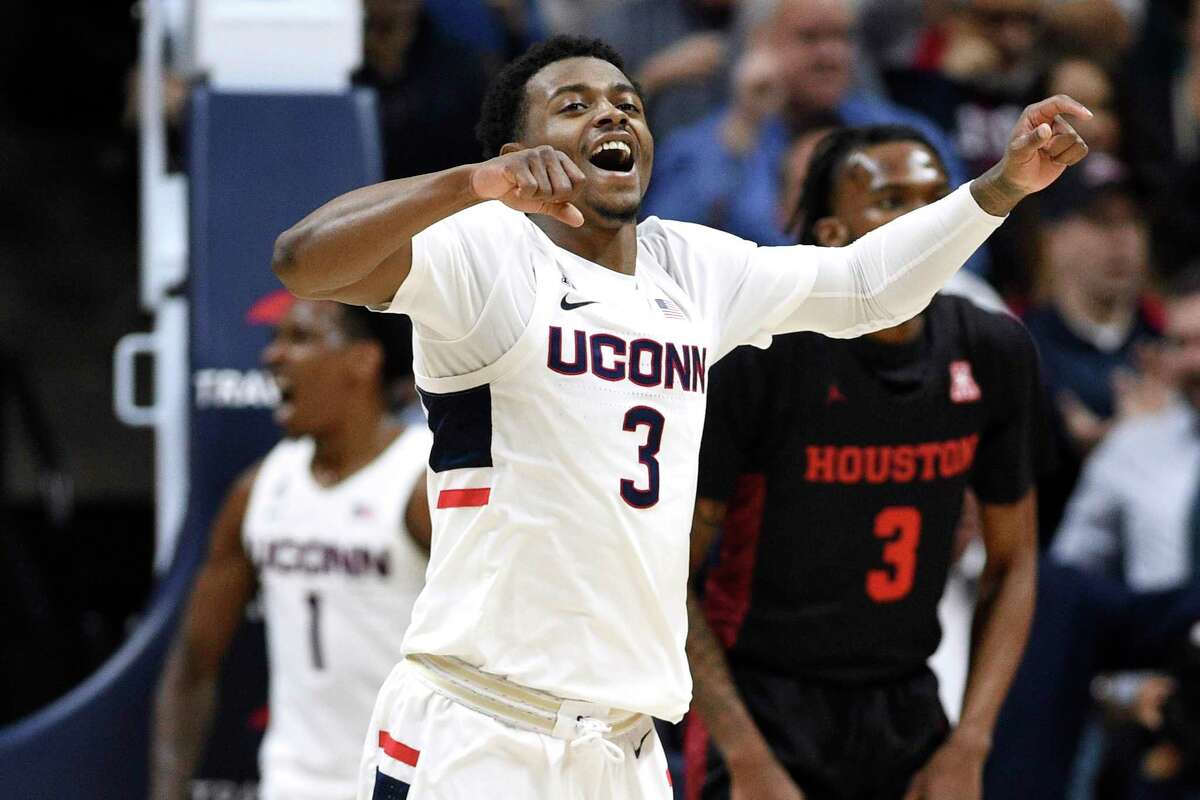 UConn’s Alterique Gilbert reacts to a play in a 2020 game against Houston in Storrs.