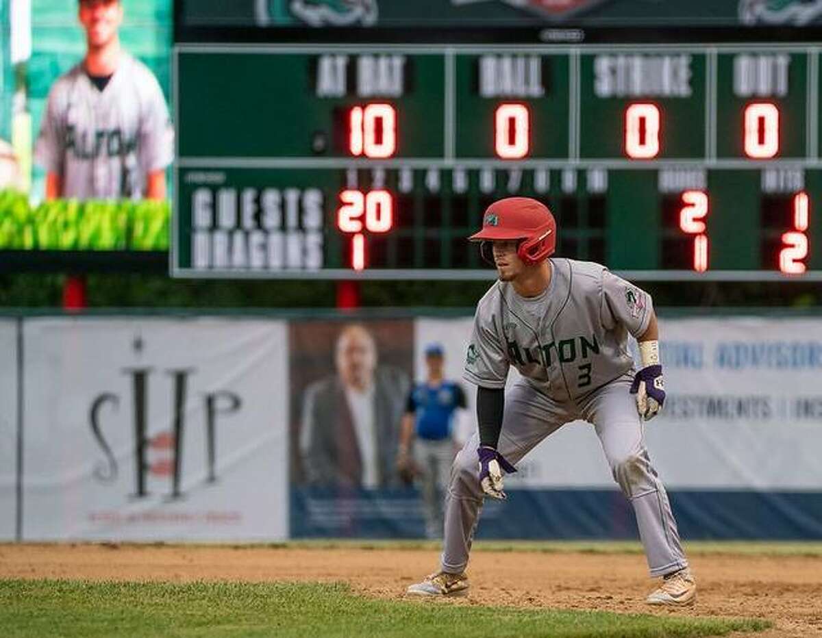 Alton River Dragons outfielder Mike Hampton had three hits and scored a run in his team’s 10-2 win over Clinton, Iowa Thursday night at Lloyd Hopkins Field. He is shown earlier this season.