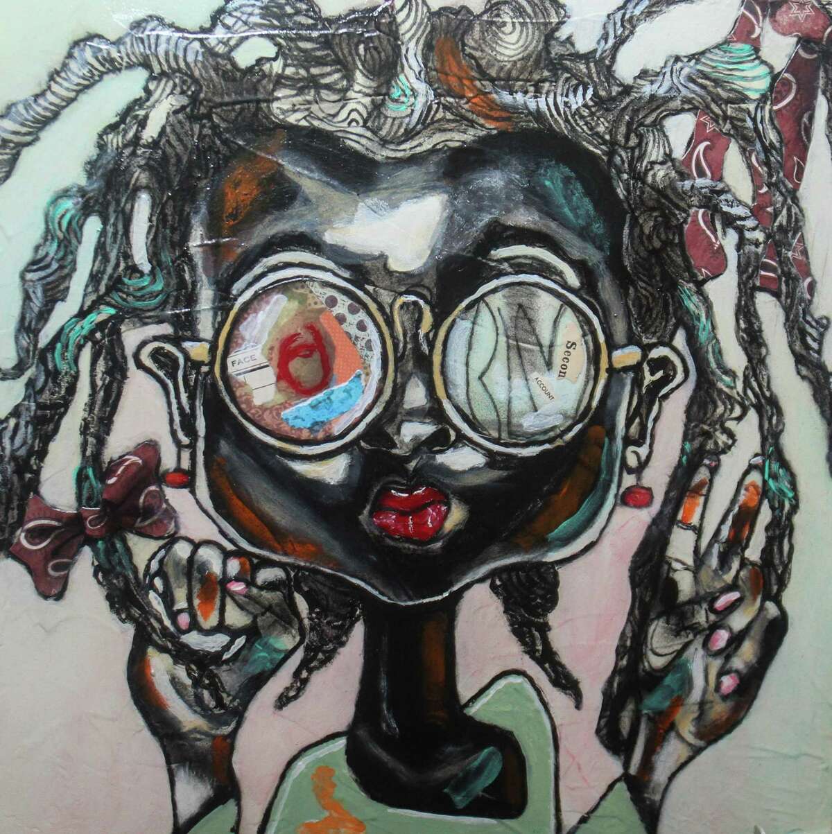 "Lil’ Maddie" by Romero Robinson one of a selection of 12" x 12" works of art presented for purchase, displayed at the Glassell Art Auction at the Glassell School of Art in Houston on June 24, 2021.