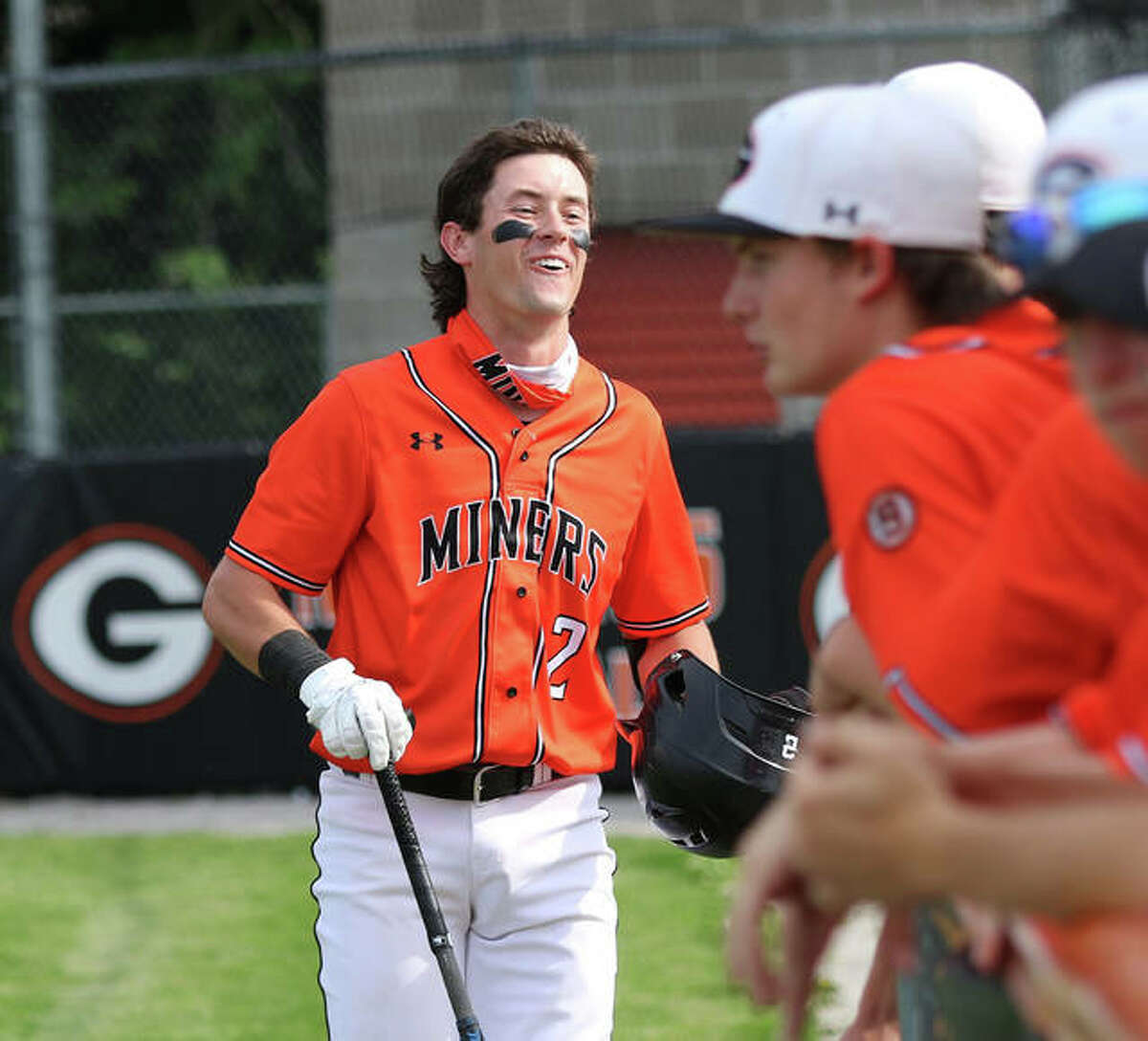 Cameron Hailstone (left), shown returning to his team’s dugout after hitting a home run for the Gillespie Miners this spring, had four hits and reached base six times Thursday to lead Alton Post 126 Legion baseball to a victory at Eureka, Missouri.