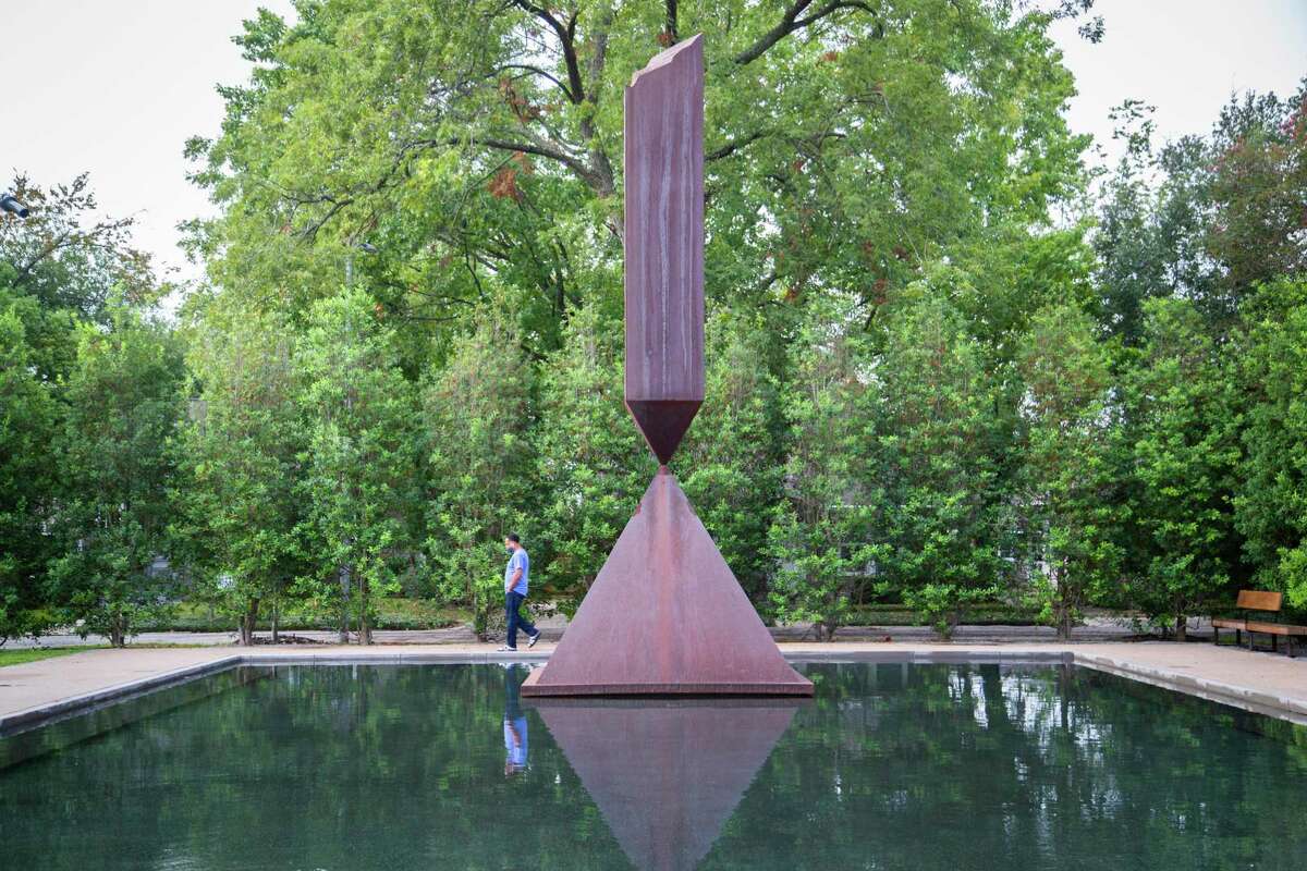 Broken Obelisk by Barnett Newman by the Rothko Chapel on Friday, Sept. 11, 2020, in Houston.