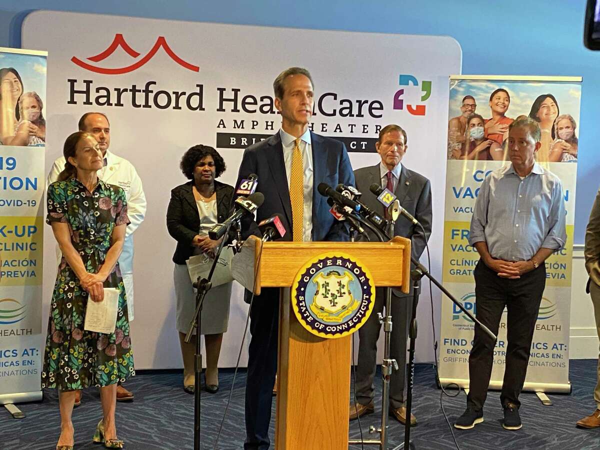 Griffin Hospital President and CEO Patrick Charmel touts the hospital’s mobile vaccine clinics at the announcement of the state Rock the Shot campaign on Friday, June 25, 2021.