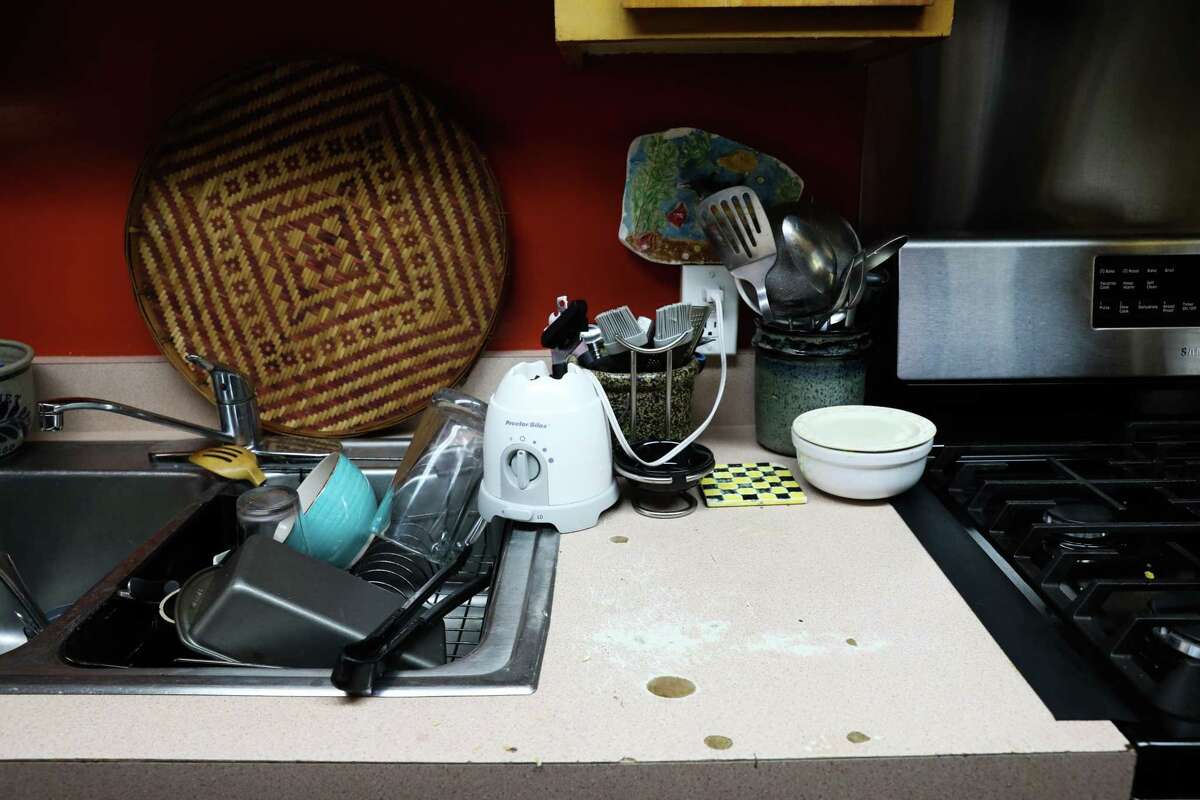 Royce McLemore’s kitchen countertop is one of many surfaces that need to be replaced inside her apartment at Golden Gate Village.