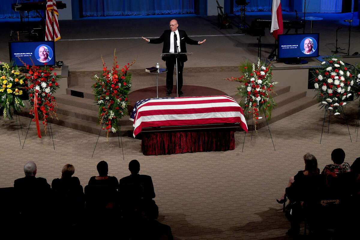 Pastor and fellow councilman Randy Feldschau offers a eulogy during the funeral service for W.L. Pate at One City Church Friday. Photo made Friday, June 25, 2021 Kim Brent/The Enterprise