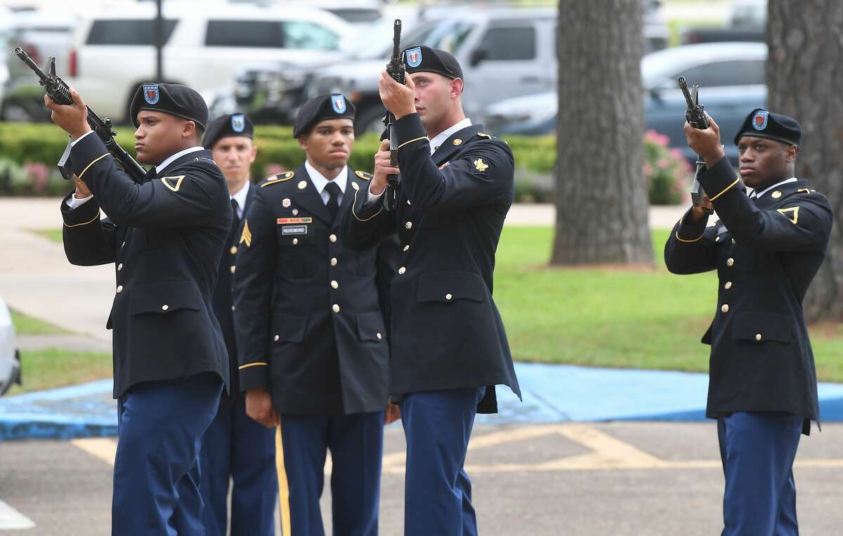 A 21-gun salute is fired as military honors are bestowed during the funeral service for W.L. Pate at One City Church Friday. Photo made Friday, June 25, 2021 Kim Brent/The Enterprise