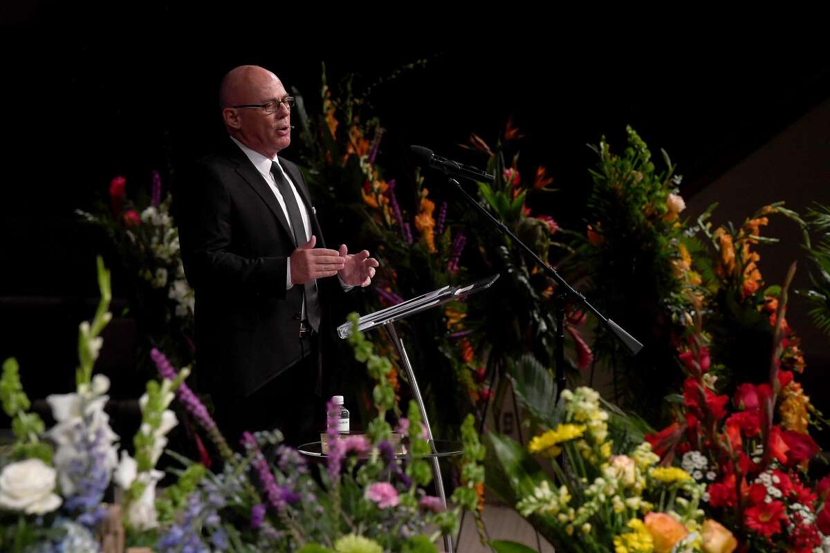 Pastor and fellow councilman Randy Feldschau offers a eulogy during the funeral service for W.L. Pate at One City Church Friday. Photo made Friday, June 25, 2021 Kim Brent/The Enterprise