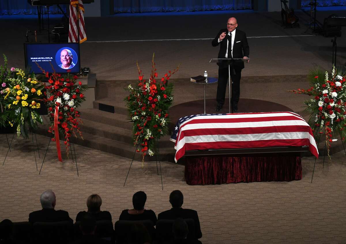 Randy Feldschau offers a eulogy during the funeral service for W.L. Pate at One City Church Friday. Photo made Friday, June 25, 2021 Kim Brent/The Enterprise