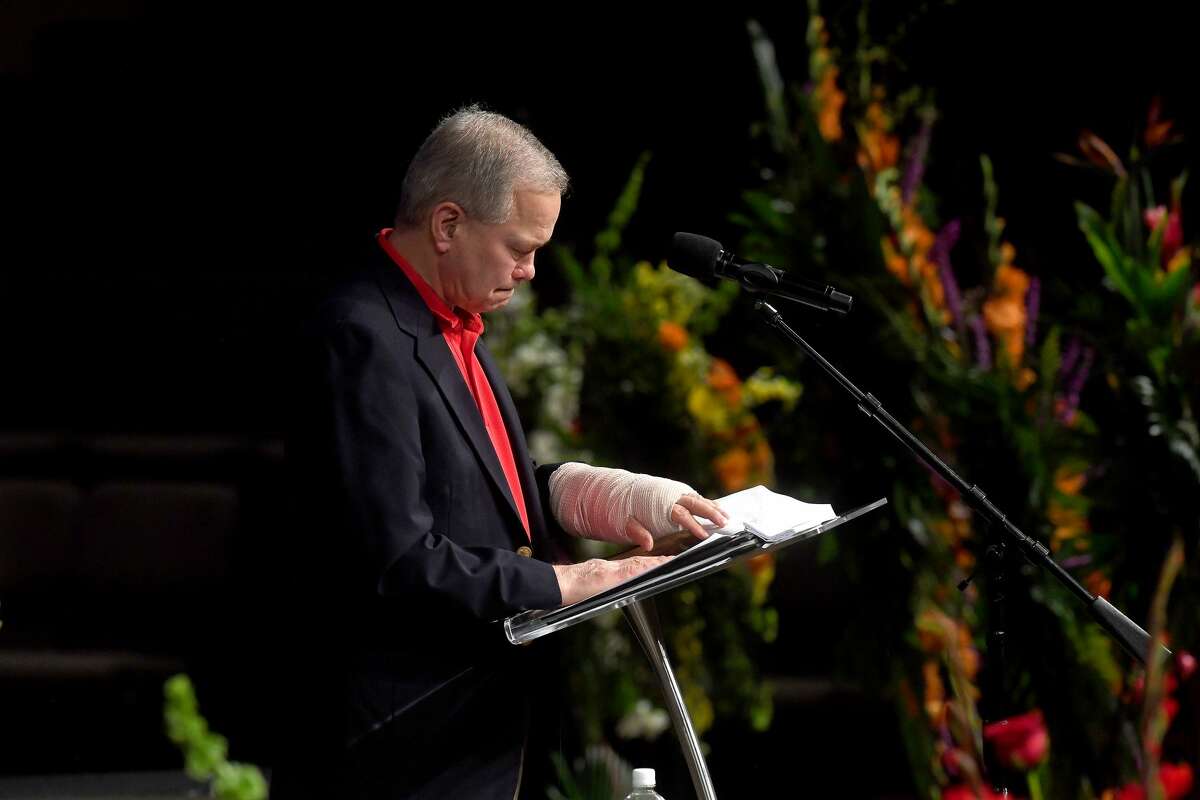 Frank Messina shares his memories with those gathered at the funeral service for W.L. Pate at One City Church Friday. Photo made Friday, June 25, 2021 Kim Brent/The Enterprise