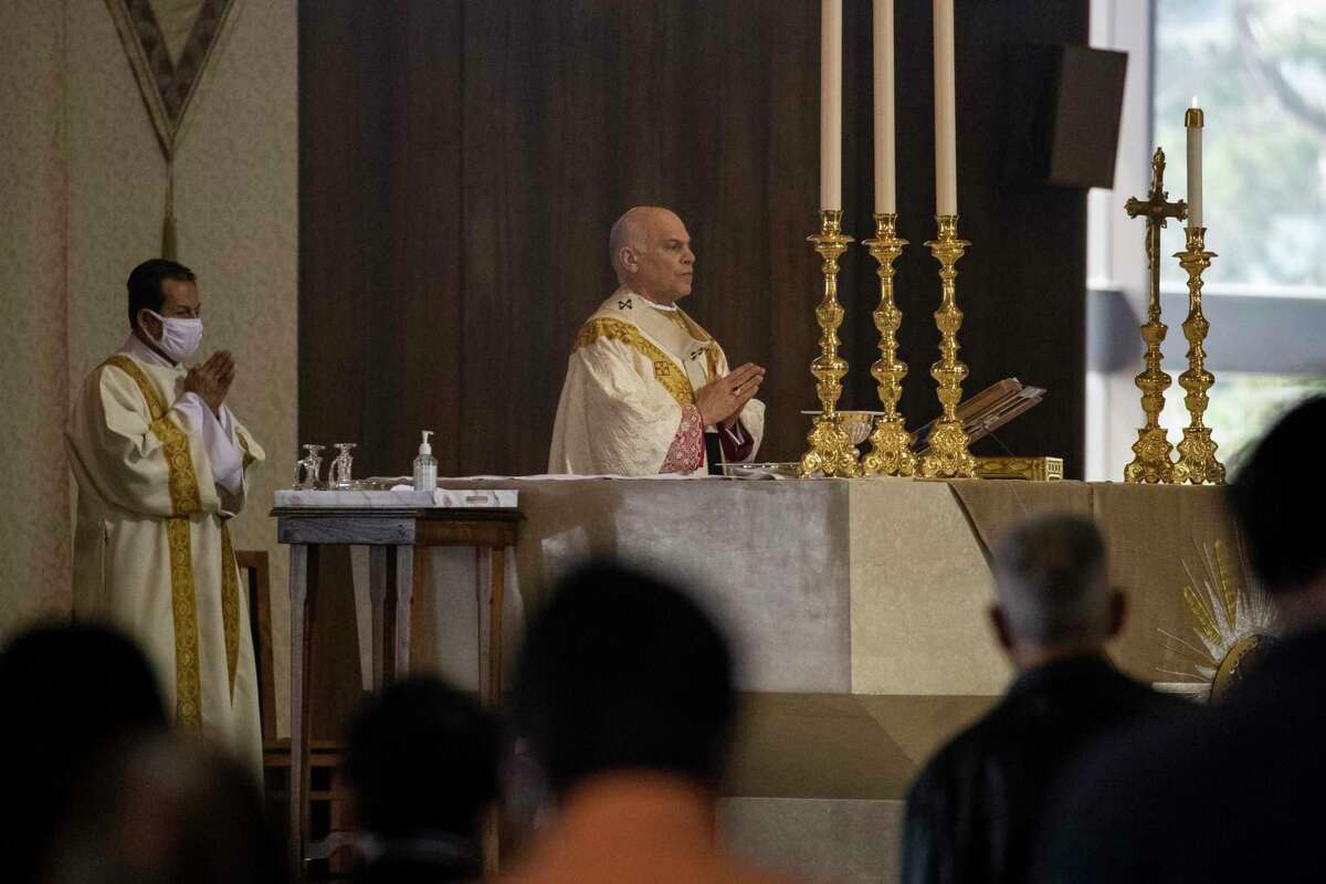 San Francisco Archbishop Salvatore Cordileone speaks during an in-church Easter Mass celebration on Sunday, April 4, 2021 at Saint Mary’s Cathedral. The conservative prelate, known for taking positions sometimes at odds with the Bay Area’s more liberal Catholic community, backs a draft proposal by the U.S. Conference of Bishops that could deny Holy Communion to President Biden and other politicians who support the right to abortion.